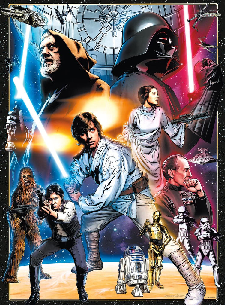 Star Wars Vintage Collection poster featuring iconic characters like Luke Skywalker, Darth Vader, and Princess Leia.