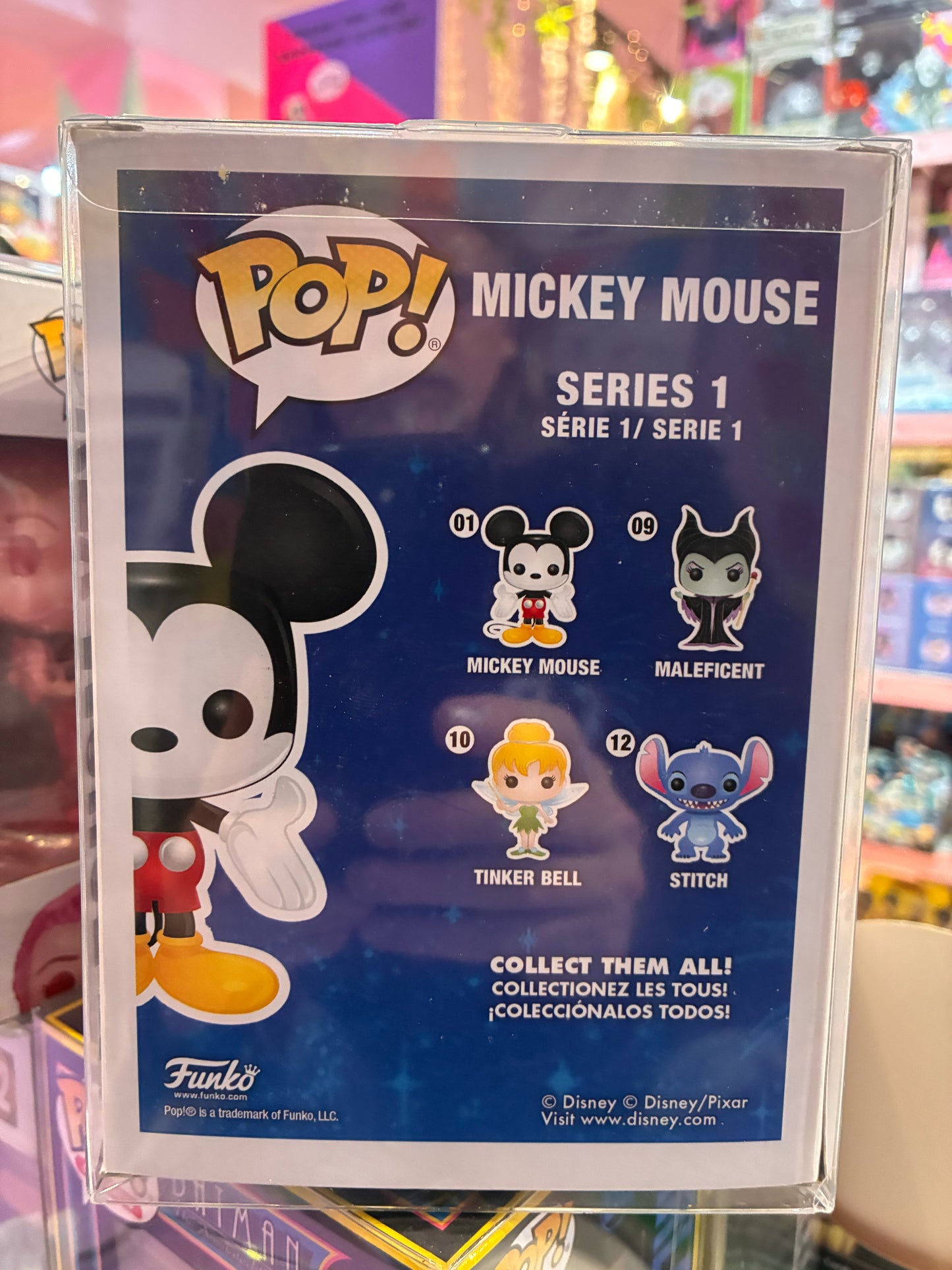 Funko Pop 001 Disney Series 1 - Micky Mouse 2011 VAULTED product display featuring Mickey Mouse and other characters.