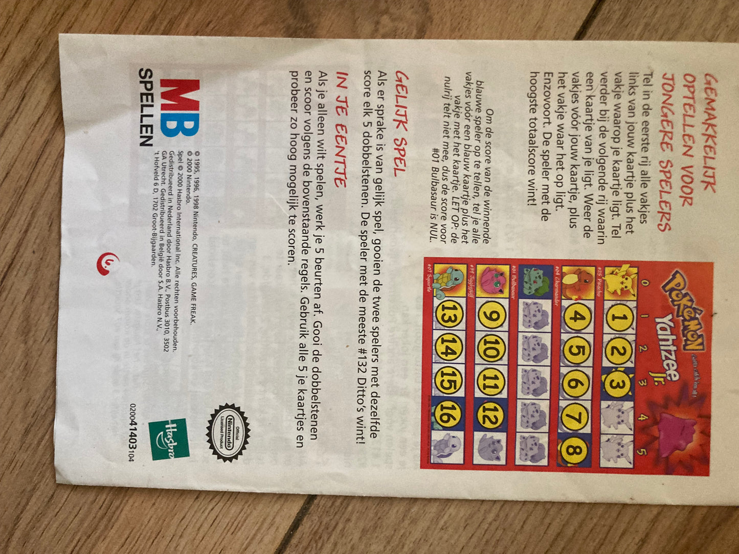 Pokémon Yahtzee Jr. Bordspel - Hasbro / MB Spellen (2000) - Incompleet